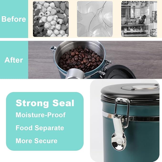 Coffee Canister Airtight Storage Container Stainless Steel Air Tight Coffee Jar with Scoop, Date Tracker CO2 Release Valve for Dry Food, Beans, Ground, Tea, Flour, Cereal and Sugar (Green)-NeatNest
