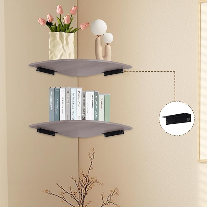 JJL Corner Wall Shelf, 12-Inch Sector Shelf, Set of 2 Wooden Hanging Shelves With Wire Hole for Bedroom Decoration, Grey-NeatNest