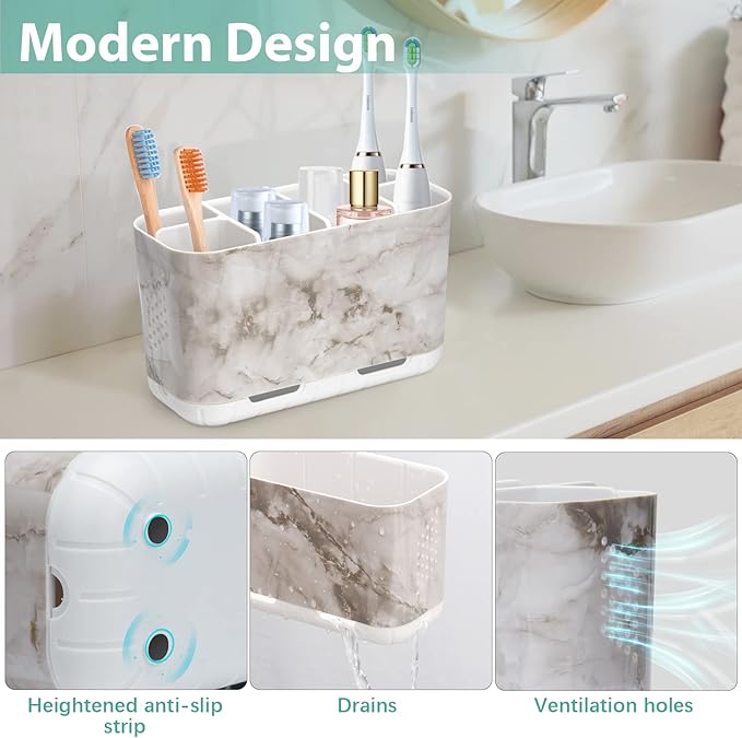 Boperzi Electric Toothbrush Holder for Bathroom Organizer Countertop, Detachable Anti-Slip Toothpaste Storage Caddy 6 Slots White Marble with Drainage Holes for Makeup Brush Razor Stand-NeatNest