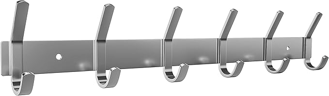 Coat Rack Wall Mount – Brushed Nickel 17 Inch Stainless Steel Hook Rail with 6 Heavy Duty Double Coat Hooks – Wall Mounted Coat Hanger for Entryway, Bathroom, Bedroom, Towel, Hat Organizer-NeatNest