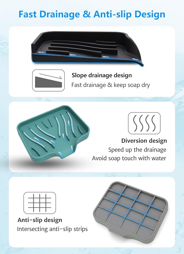 3-Pack Premium Soap Dishes, Easy to Clean Soft Silicone Self Draining Tray/Holder for Shower, Bathroom, Kitchen, Bathtub - Keep Soap Dry, Extend Life-NeatNest
