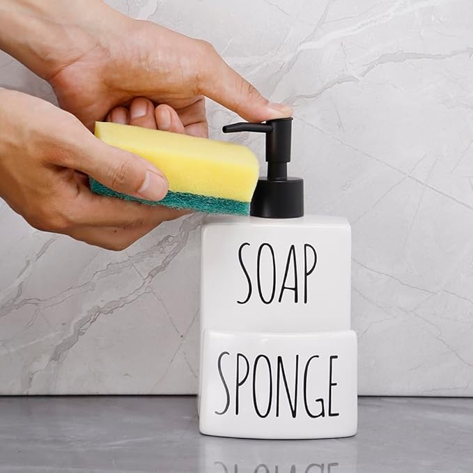 Ceramic Dish soap Dispenser with Sponge Holder Hand and Dish Soap Dispenser Set for Kitchen 2-in-1 Countertop Soap Pump Dispenser for Kitchen Sink, Useful Kitchen Gadgets - Modern Farmhouse White-NeatNest