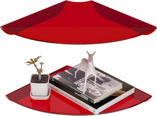 9.5x9.5 Inch Acrylic Corner Floating Shelf Set of 2, Red Corner Wall Shelf for Home Décor, Speakers, Security Cameras, Toileries, Plants, Figures, Cosmetics, Books