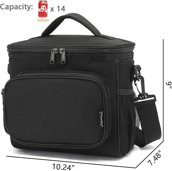 FlowFly Insulated Reusable Lunch Bag Adult Large Lunch Box for Women and Men with Adjustable Shoulder Strap,Front Zipper Pocket and Dual Large Mesh Side Pockets, Black-NeatNest