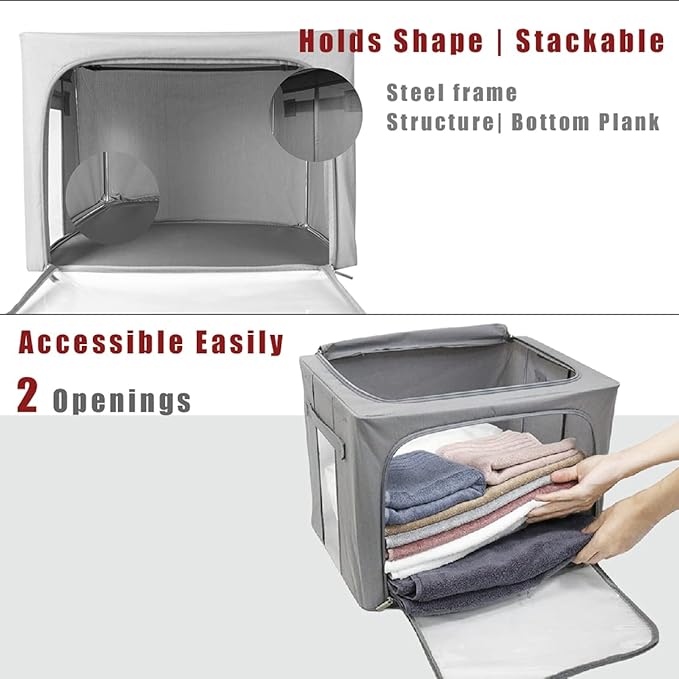 Clothes Storage Box Bins Stackable Foldable Organizer with Metal Frame for Clothing Bedding Shelves,Closet Container with Clear Window Zipper and Label Holder (Gray,Small-40L x3 Pack)-NeatNest