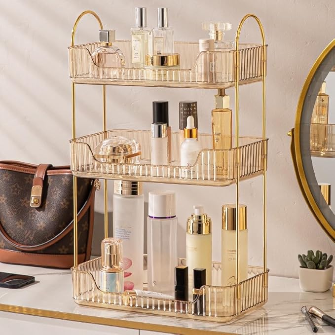 Bathroom Organizer Countertop, Vanity Trays for Bathroom, Skincare Makeup Organizer Shelf, Vanity Organizer, Bathroom Counter Shelf for Cosmetics, Toiletries, Lotions, Perfumes (3 Tiers, Amber)-NeatNest
