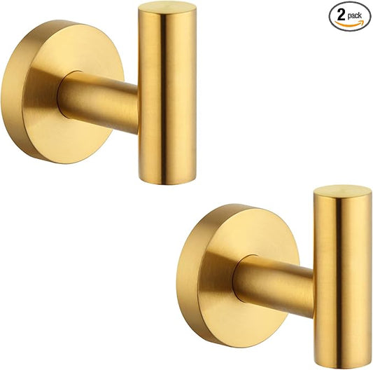 APLusee Hand Towel Hook 2 Pack Brushed Gold, 304 Stainless Steel Bath Robe Hanger, Wall Mounted