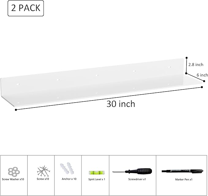 30 Inch White Floating Shelves for Wall Décor, Acrylic Storage Wall Shelf Holder, Wall Mounted Home Organizer Shelves with a Free Screwdriver, 2 Pack(30 Inch)-NeatNest