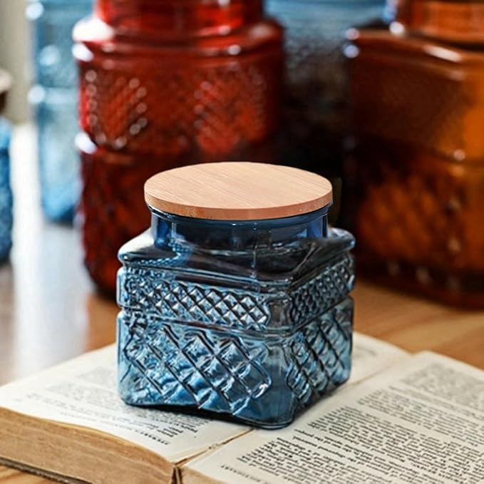 20.3oz Square Glass Canister, Candy Jar with Lid, Glass Food Storage Container for Ground Coffee, Tea, Sugar, Decorative Mason Jar Cute Jars (Blue)