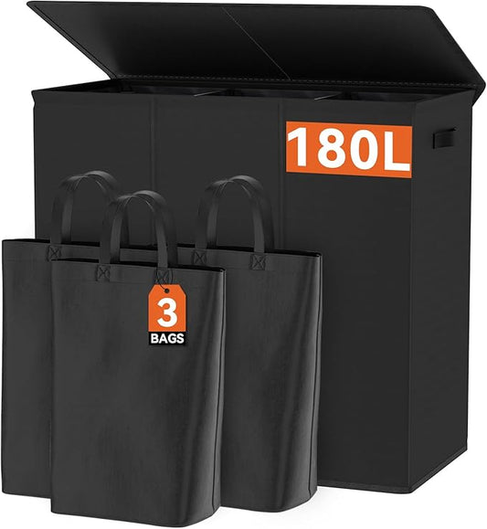 WOWLIVE 180L Laundry Hamper with Lid 3 Section,Large Laundry Basket with Removable Bags and Handles,Collapsible Dirty Clothes Hampers for Laundry,Laundry Basket Organizer for Laundry Room,Dorm,Black-NeatNest