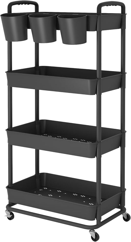 JIUYOTREE 4-Tier Plastic Rolling Storage Cart Utility Cart with Extra Hanging Cups Handles Lockable Wheels for Living Room Bathroom Kitchen Office Black-NeatNest
