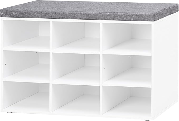 DINZI LVJ Shoe Storage Bench with Cushion, Cubby Shoe Rack with 9 Cubbies, Adjustable Shelves, Multifunctional Shoe Organizer Bench for Entryway, Mudroom, Hallway, Closet and Garage, White-NeatNest