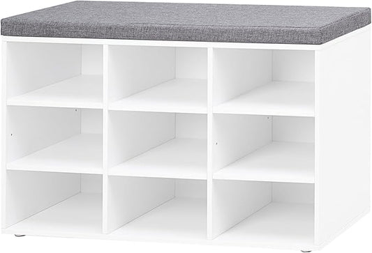 DINZI LVJ Shoe Storage Bench with Cushion, Cubby Shoe Rack with 9 Cubbies, Adjustable Shelves, Multifunctional Shoe Organizer Bench for Entryway, Mudroom, Hallway, Closet and Garage, White-NeatNest