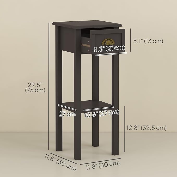 HOMCOM 2-Tier Side Table with Drawer, Narrow End Table with Bottom Shelf, for Living Room, Set of 1, Coffee