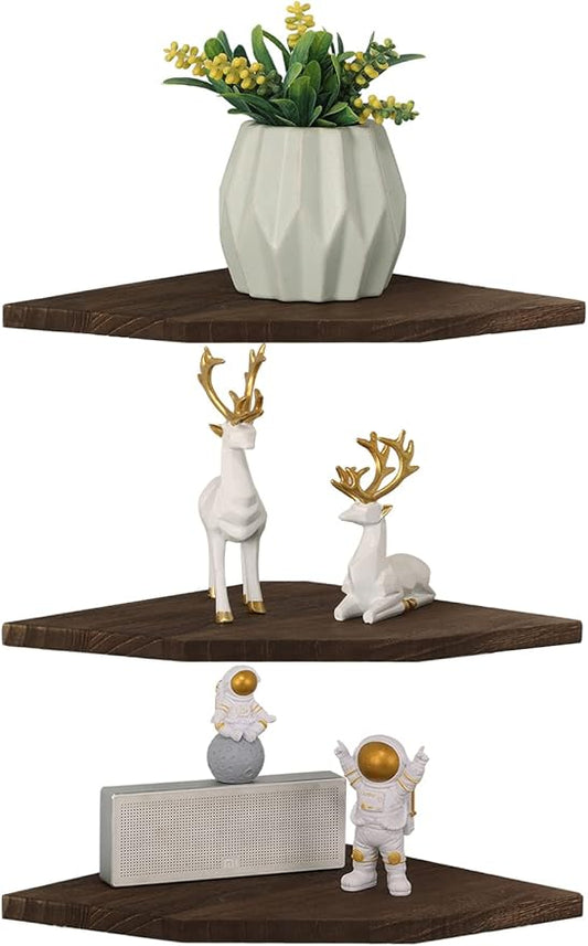 Joiishom Corner Wall Shelf Set of 3, Floating Corner Shelves, Rustic Wood Wall Storage Display Shelves for Living Room Bedroom Bathroom Kitchen (Fanshaped-Brown)-NeatNest