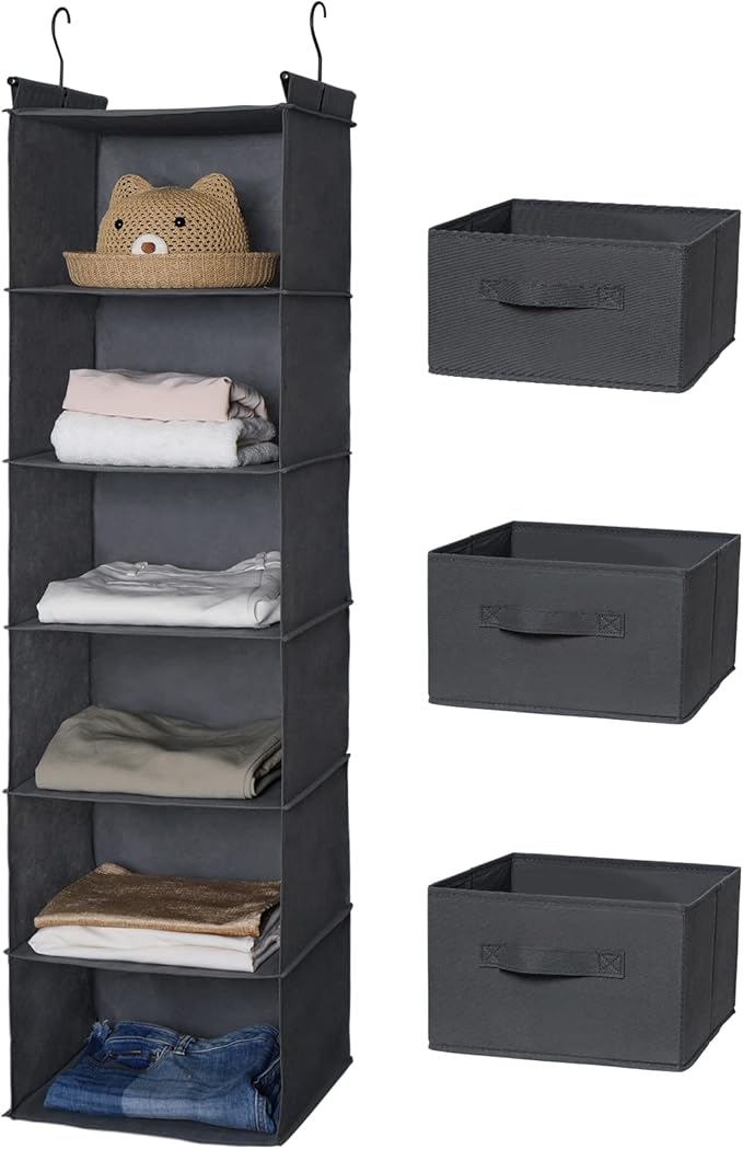 MAX Houser 6 Tier Shelf Hanging Closet Organizer, Closet Hanging Shelf with 2 Sturdy Hooks for Storage, Foldable (Grey-D3)-NeatNest