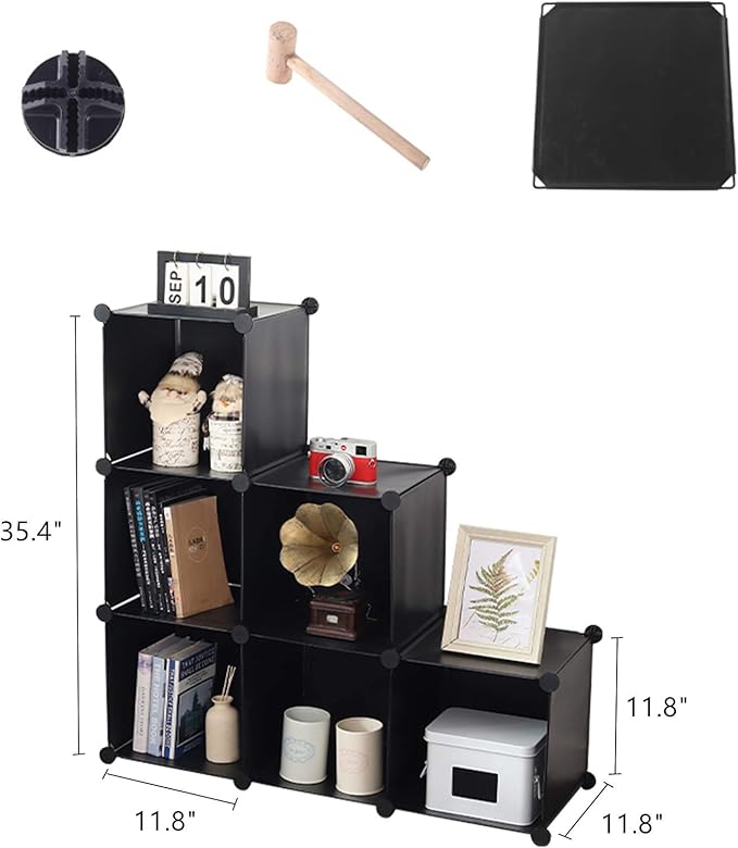 YCOCO Cube Storage Organizer 6-Cube Closet Storage Shelves with Wooden Mallet,Closet Cabinet Bookshelf,Plastic Square Cube Storage for Home,Office, Kids Room,Black