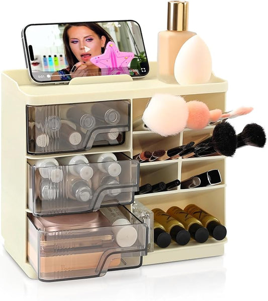 Makeup Organizer with Drawers&Phone Holder,Multi-Function Cosmetic Storage Organizer,Stackable Makeup Organizer Countertop for Makeup Brushes,Lipstick,Skincare and Bathroom Vanity Organization (Beige)-NeatNest