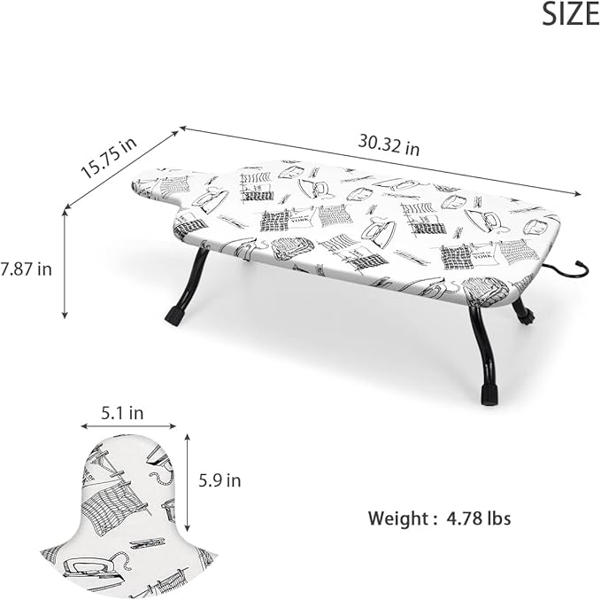 Duwee 15"x30" Table Top Ironing Board Extra Wide with Anti-Rust Hanging Hook and Removable Washable Cotton Cover, Steel Mesh Top Ironing Boards with 10mm Thicken Double Layers Feltpad and Foam,White