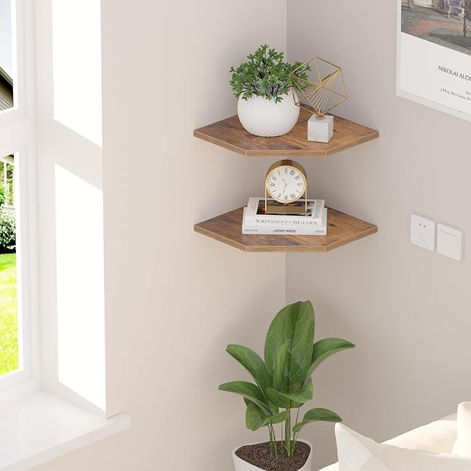 JJL Corner Wall Shelf, 10.4 Inch Wooden Corner Shelves, Set of 2 Floating Shelf for Wall Storage, Wall Mount Corner Shelves for Room Decoration, Rust Brown-NeatNest