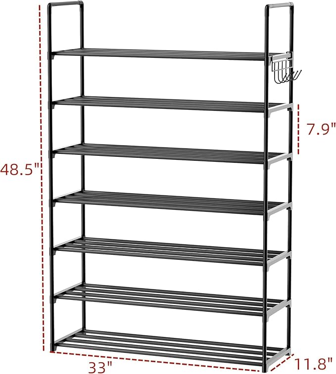 Metal Shoe Organizer,7 Tiers Shoe Storage Shoe Rack with Hooks,Fit 28-35 Pairs,Adjustable Shoe Shelf for Entryway,Hallway,Bedroom,Metal Bottom Support-NeatNest