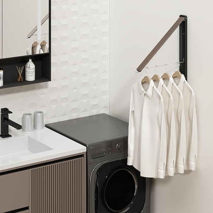 Clothes Drying Rack for Laundry Drying Rack Wall Mounted Clothes Hanger Rack Retractable Laundry Hanger Dryer Rack Space Saving Closet Organizer Aluminium (Walnut)-NeatNest