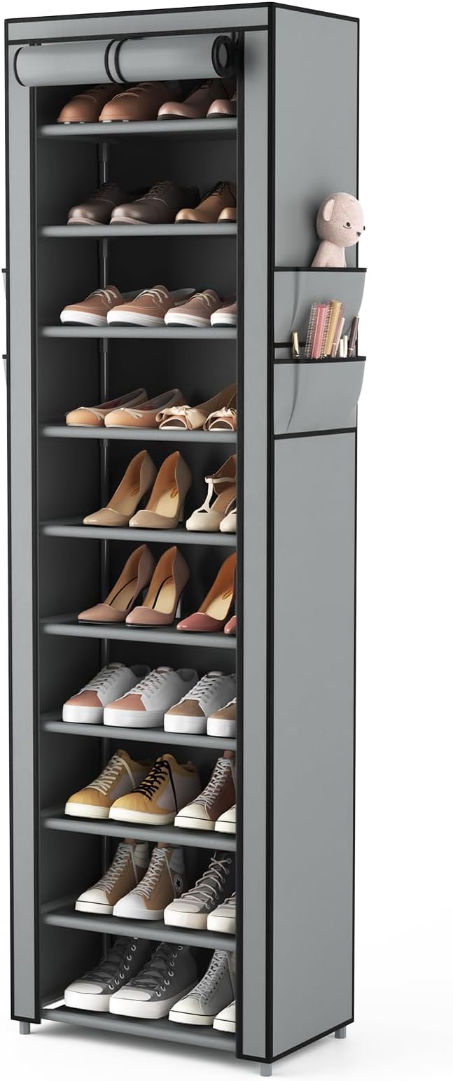 VTRIN Vertical Narrow Shoe Rack Organizer Tall Shoe Rack for Closet Entryway 10 Tier Non-Woven Cover Shoe Shelf Holds 20-22 Pairs Free Standing Shoe Storage Cabinet with Dustproof Cover, Grey-NeatNest