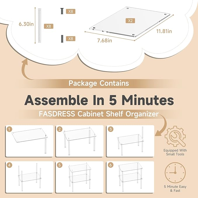 2 Pack Acrylic Cabinet Organizer, Clear Cabinet Organizer Shelf, Stackable, Expandable, Spice Rack, Adjustable Counter Shelf for Makeup, Bathroom, Cupboard, Desk, Kitchen Pantry Organization-NeatNest