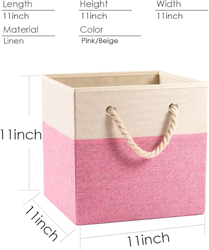 PRANDOM Large Foldable Cube Storage Bins 11x11 inch [2-Pack] Fabric Linen Storage Baskets Cubes Drawer with Cotton Handles Organizer for Shelves Nursery Closet Bedroom Pink-NeatNest