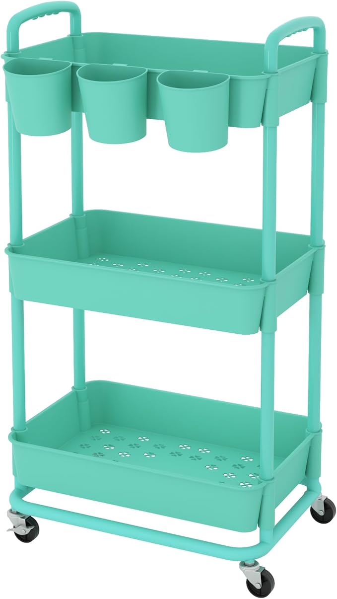 JIUYOTREE 3-Tier Plastic Rolling Storage Cart Utility Cart with Extra Hanging Cups Handles Lockable Wheels for Living Room Bathroom Kitchen Office Green-NeatNest