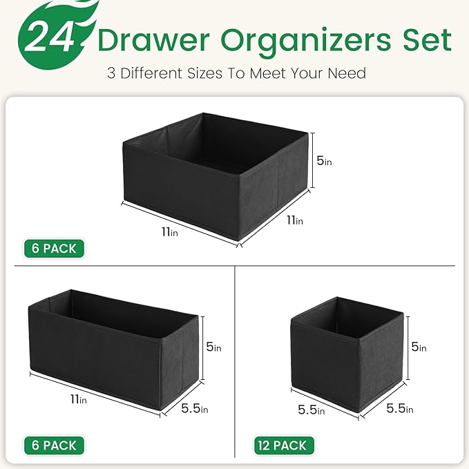 Criusia Drawer Organizer Clothes, 24 Pack Underwear Drawer Organizers, Foldable Closet Organizers and Storage Dresser Drawer Dividers Clothing Organizer for Clothes, Socks, Scarves, Bra, Ties (Black)-NeatNest
