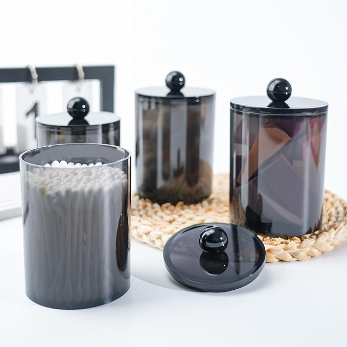 6 PACK Qtip Holder-10 oz, 12 oz, Qtip Holder Dispenser for Bathroom Canister Storage Organization, Vanity Makeup Organizer, for Cotton Swabs, Balls, Pads, Floss Picks(Black)