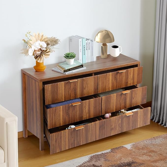 6 Drawer Dresser Cabinet, Long Nightstand with Drawers and Storage Cabinet, Farmhouse Solid Wood Dresser TV Stand, Mid Century Modern Nightstand with 6 Drawer Side Table for Bedroom Closet (Walnut)