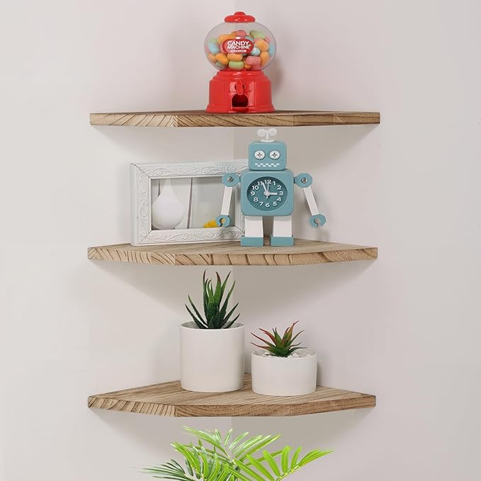 Corner Wall Shelves, Wood Corner Floating Shelves with Cable Raceway, Wall Mount Storage Display for TV Accessories, Monitor, Speaker, Cable Box, Game Console (Carbonized, Diamond- 10 Inch)-NeatNest