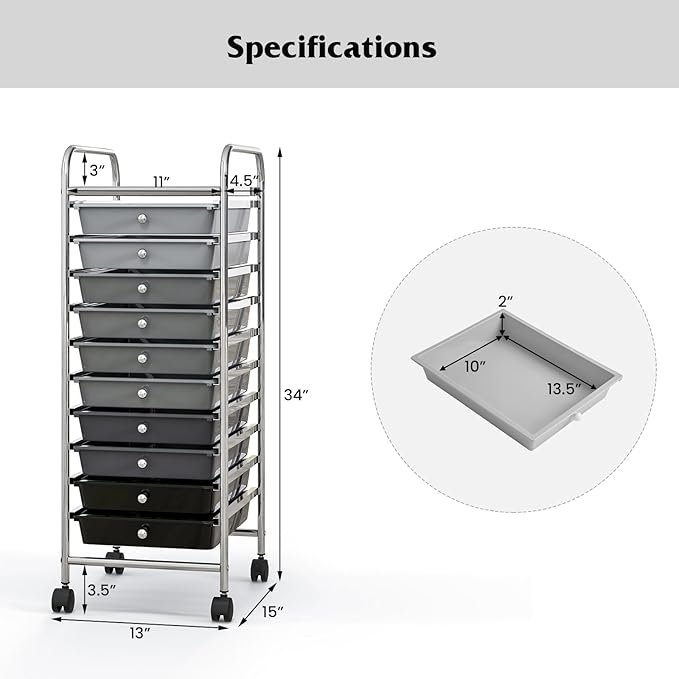 Giantex 10-Drawer Storage Cart w/Universal Wheel, Rolling Cart w/Handle, Home Organizer Storage Unit w/Removable Drawers, Trolley Utility Cart for Kitchen Makeup Living Room Office Play Room