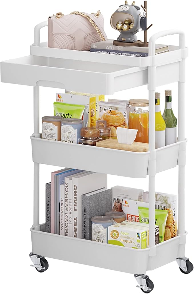 Calmootey 3-Tier Rolling Utility Cart with Drawer,Multifunctional Storage Organizer with Plastic Shelf & Metal Wheels,Storage Cart for Kitchen,Bathroom,Living Room,Office,White-NeatNest