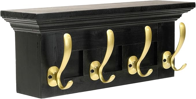 EXCELLO GLOBAL PRODUCTS Black 16" Coat Rack with 4 Gold Hooks: Ready to Hang Entryway Coatrack for Organization of Jackets, Hats, Scarves, Keys & Purses (Black)-NeatNest