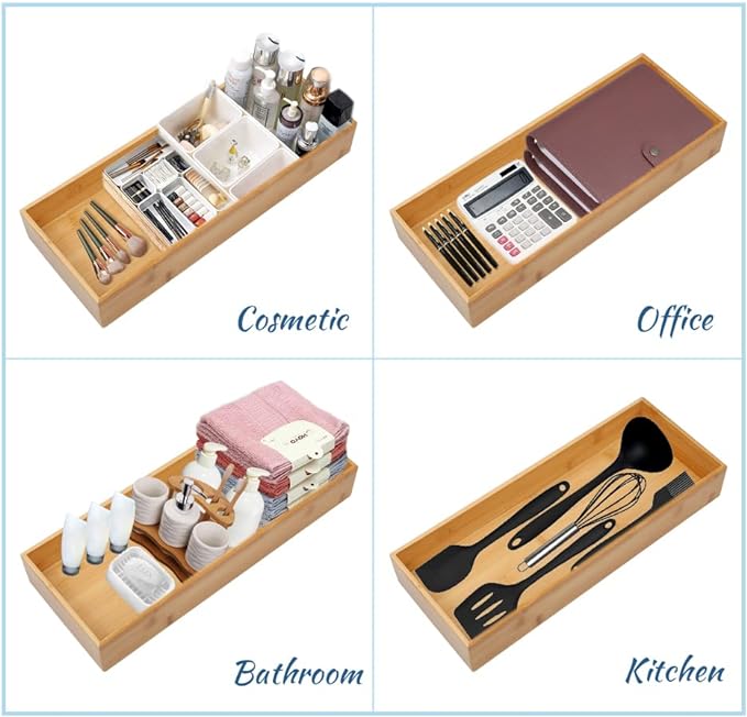 Bamboo Drawer Organizer - Kitchen Utensil Organizer Silverware Tray Cutlery Holder，Office Desk Supplies and Accessories (15X5.9X2.6 inch)-NeatNest