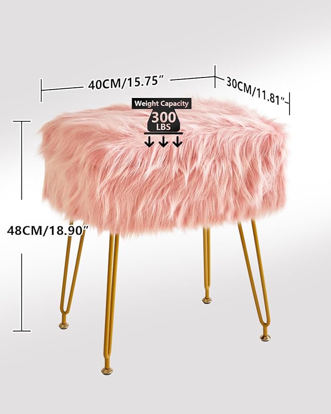 IBUYKE Rectangular Faux Fur Vanity Stool with Storage, Furry Makeup Chair Ottoman, Soft Padded Seat, Round Footrest Footstools with 4 Metal Legs, for Living Room Bedroom Entryway, Pink WBD022P