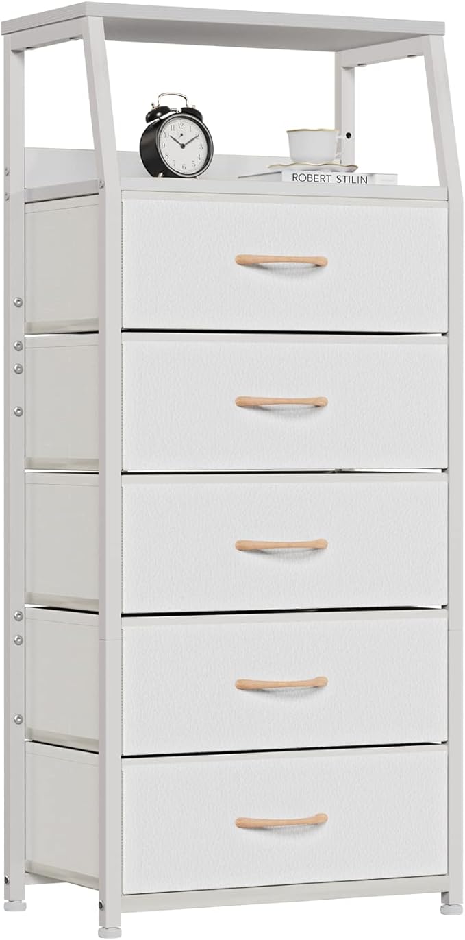 Furnulem White Dresser with 5 Drawers, Vertical Storage Tower Fabric Dresser for Bedroom, Hallway, Entryway, Nursery, Closet Organizer, Nightstand Bedside Table Furniture, Sturdy Steel Frame, Wood Top-NeatNest