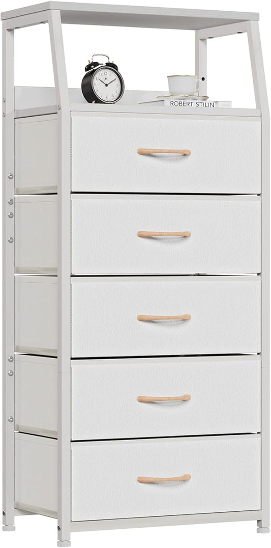 Furnulem White Dresser with 5 Drawers, Vertical Storage Tower Fabric Dresser for Bedroom, Hallway, Entryway, Nursery, Closet Organizer, Nightstand Bedside Table Furniture, Sturdy Steel Frame, Wood Top-NeatNest