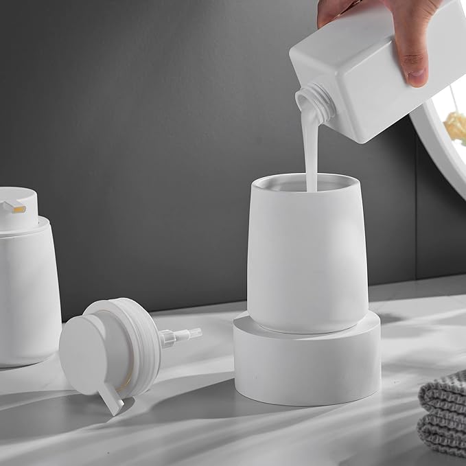 12Oz White Soap Dispenser - Modern Ceramic Lotion Hand Soap Dispenser with Easy-to-Press White Pump, Reusable and Refillable Liquid Dish Soap Dispenser for Bathroom, Kitchen (Rubber Paint)-NeatNest