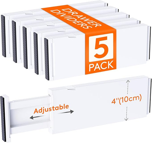 Lifewit 5 Pack Drawer Dividers 4" High, 11-17" Adjustable Dresser Drawer Organizers for Clothes, Expandable Dresser Separators in Bedroom/Bathroom/Kitchen/Vanity/Office Organization and Storage, White-NeatNest