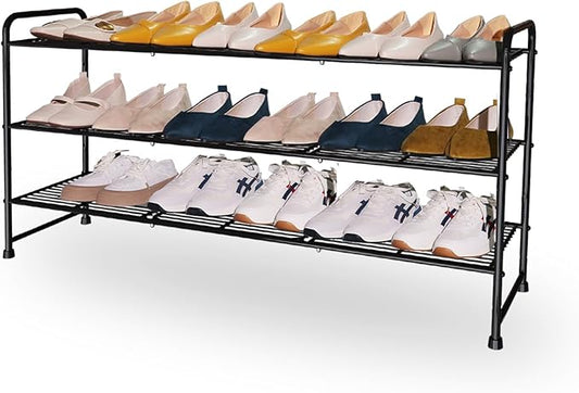 3-Tier Long Metal Shoe Rack,Extra Large Capacity Adjustable Stackable Shoe Organizer Shelf for Closet Entryway, Bedroom,Living Room, Floor,Hallway Shoe Shelf,Black 42" W × 24.5" H-NeatNest