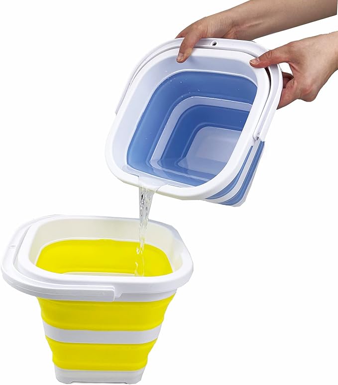 SAMMART Collapsible Rectangular Cleaning Bucket 5L (1.3 Gallon)- Foldable Camping Beach Sand Water Pot Pail- Portable Space Saving Tub for Household, Outdoor Car Washing (Baby Blue + Lemon (Set of 2))-NeatNest