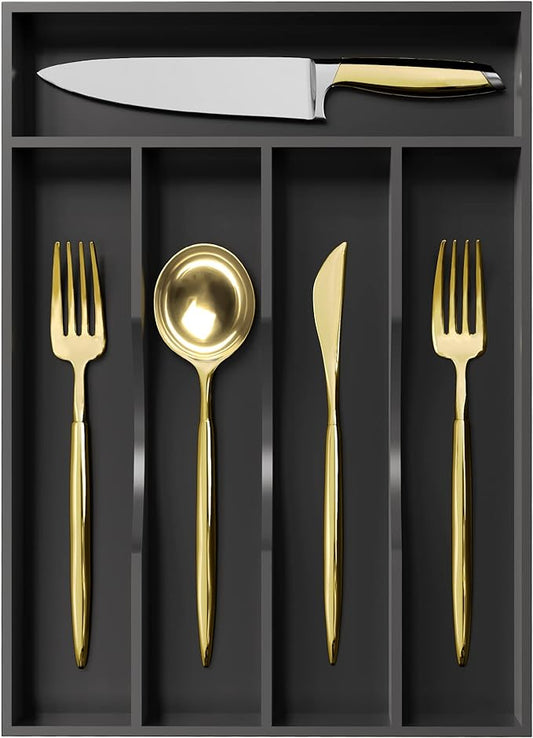Greenual Black Silverware Organizer 10 In Utensil Organizer Silverware Tray for Drawer Cutlery Flatware Organizer for Kitchen Bamboo Wood-NeatNest