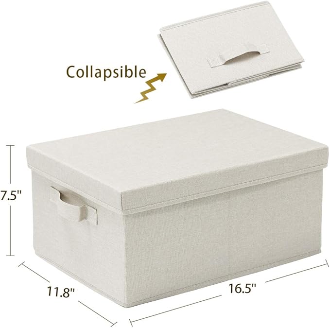 HOONEX Foldable Storage Bins with Lids, 2 Pack, Storage Boxes with Carrying Handles and Sturdy Heavy Cardboard, 16.5" L x 11.8" W x 7.5" H for Shoes, Books, Clothes, Linens, Beige-NeatNest