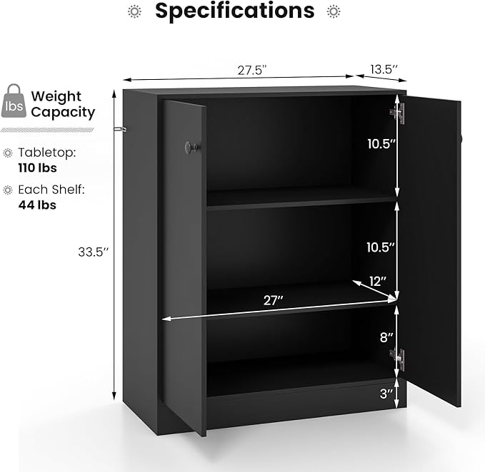 Giantex 2 Door Storage Base Cabinet - Freestanding Floor Cabinet with 3-Tier Shelf, Non-Slip Foot Pads, Kitchen Cupboard Storage Organizer for Living Room, Hallway, Entryway, Office (Black)