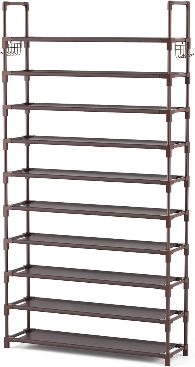 VTRIN 10 Tiers Shoe Rack Tall Large Capacity 50 Pairs Wide Shoe Organizer Sturdy Shoe Shelf for Entryway with Two Hooks Metal Shoe Storage for Closet, Bedroom, Brown-NeatNest