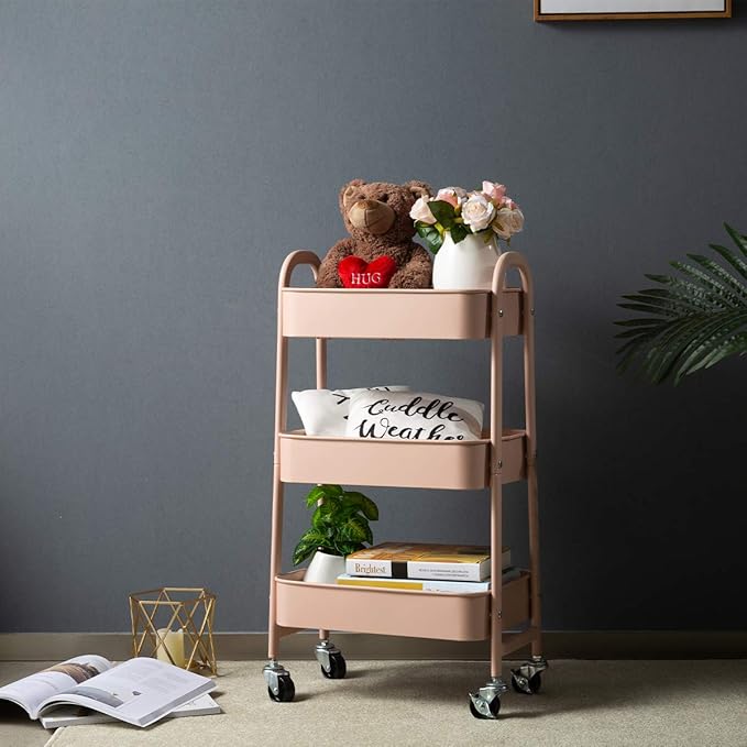 AGTEK Makeup Cart, Movable Rolling Organizer Cart, 3 Tier Metal Utility Cart, Rosiness-NeatNest